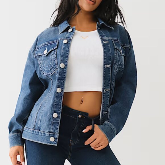 True Religion Women's NWT Printed Oversized Denim Jacket Size L - Picture 4 of 16